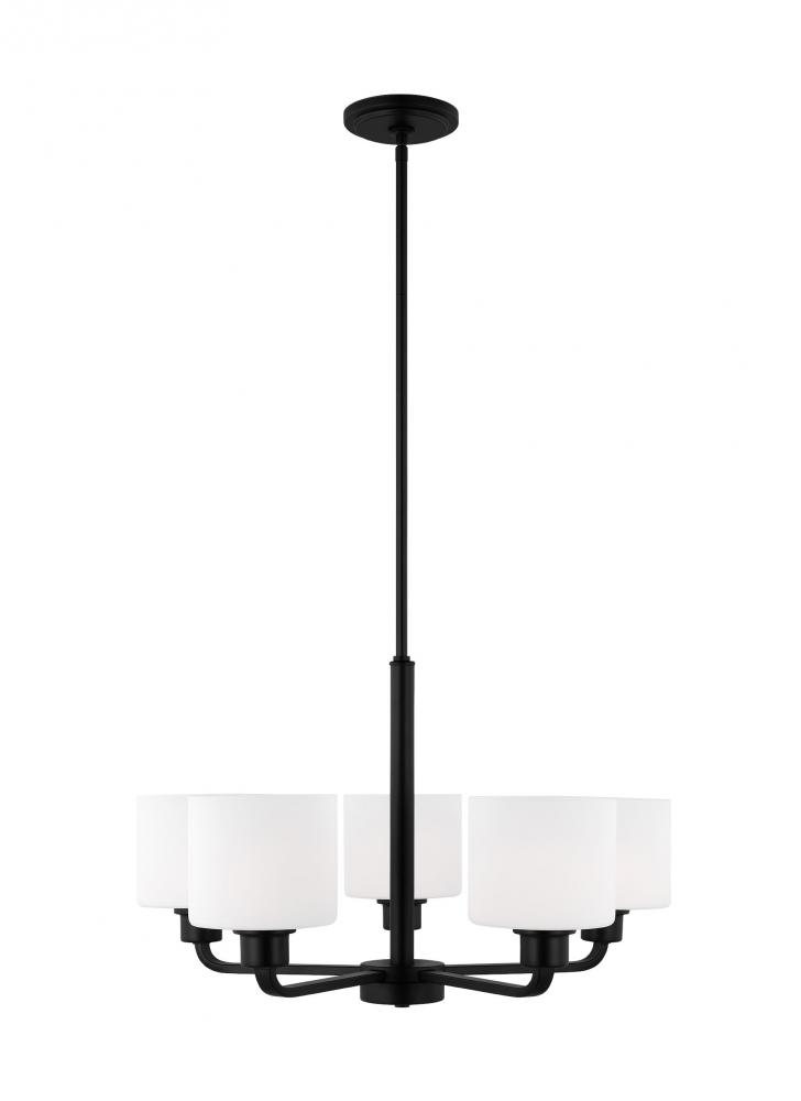 Canfield indoor dimmable LED 5-light chandelier in midnight black finish and etched white glass shad