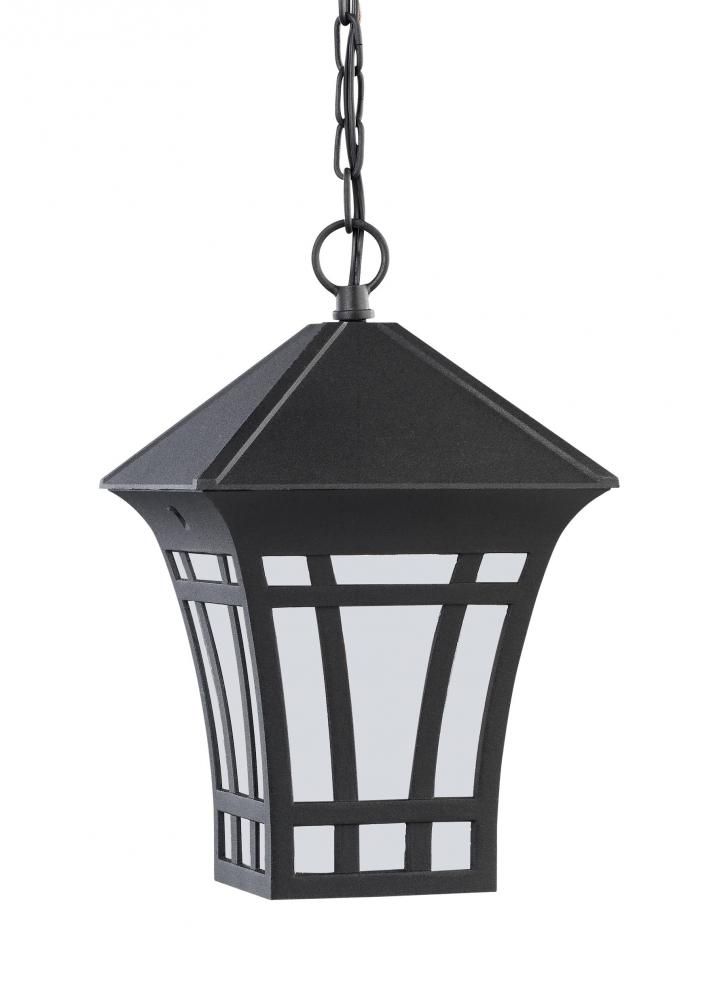 Herrington transitional 1-light outdoor exterior hanging ceiling pendant in black finish with etched