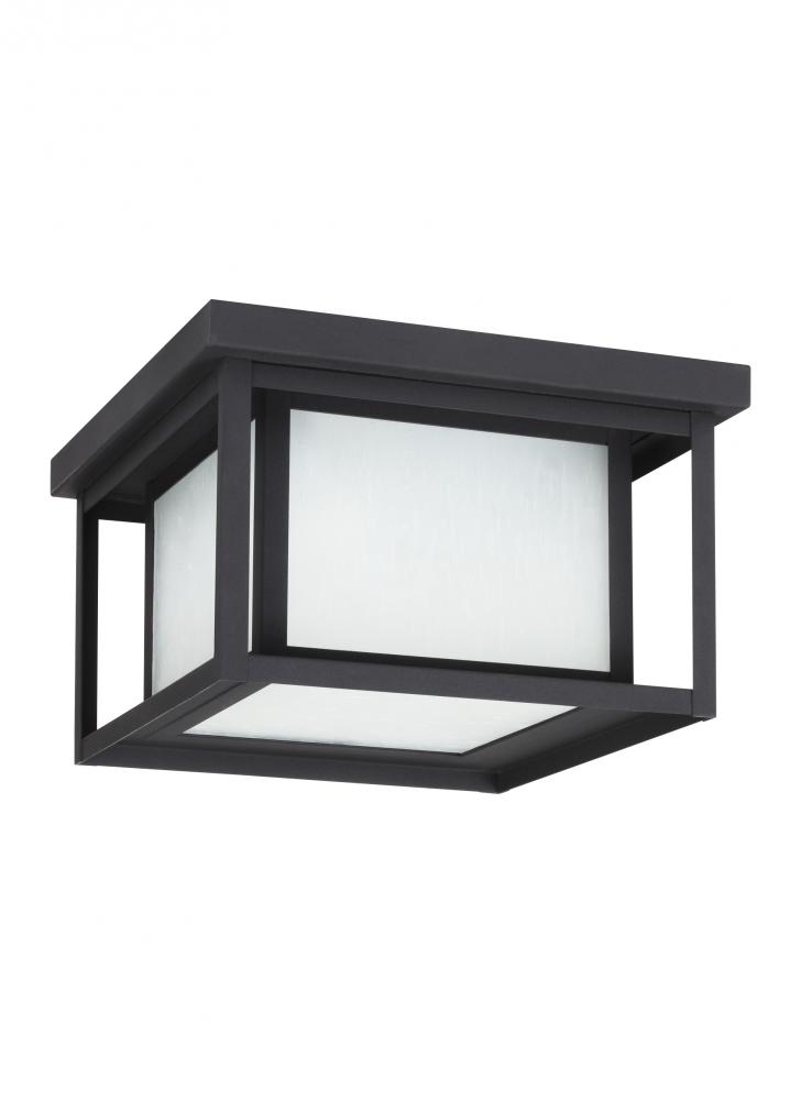 Hunnington contemporary 2-light outdoor exterior ceiling flush mount in black finish with etched see