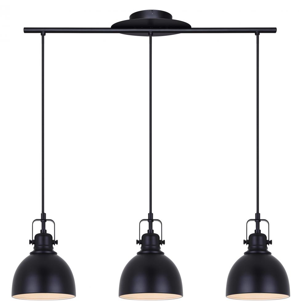 Polo 60-Watt 3 Light Matte Black Chic Pendant with Black Metal Shade