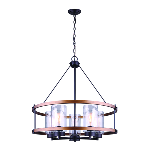 CANMORE, ORB + Brushed wood effect Color, 5 Lt 24" Chain Chandelier, Clear Glass, 100W Type A