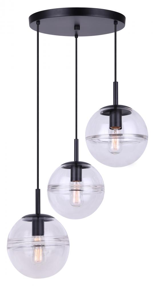 NEO, IPL1051A03BK, MBK Color, 3 Lt Cord Pendant, Clear Glass, 60W Type A