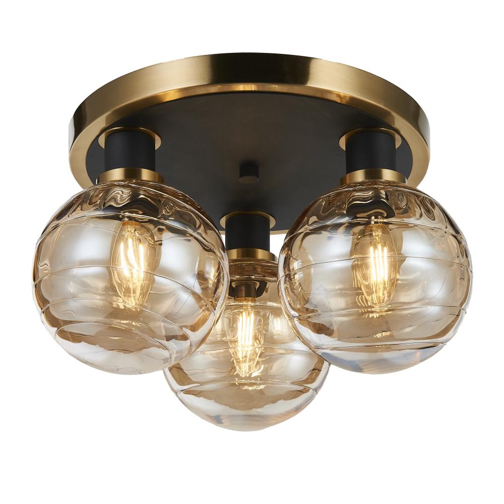 Gem Collection 3-Light Semi-Flush Mount with Amber Glass Black and Brushed Brass