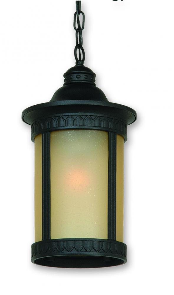 One Light Black Amber Glass Hanging Lantern