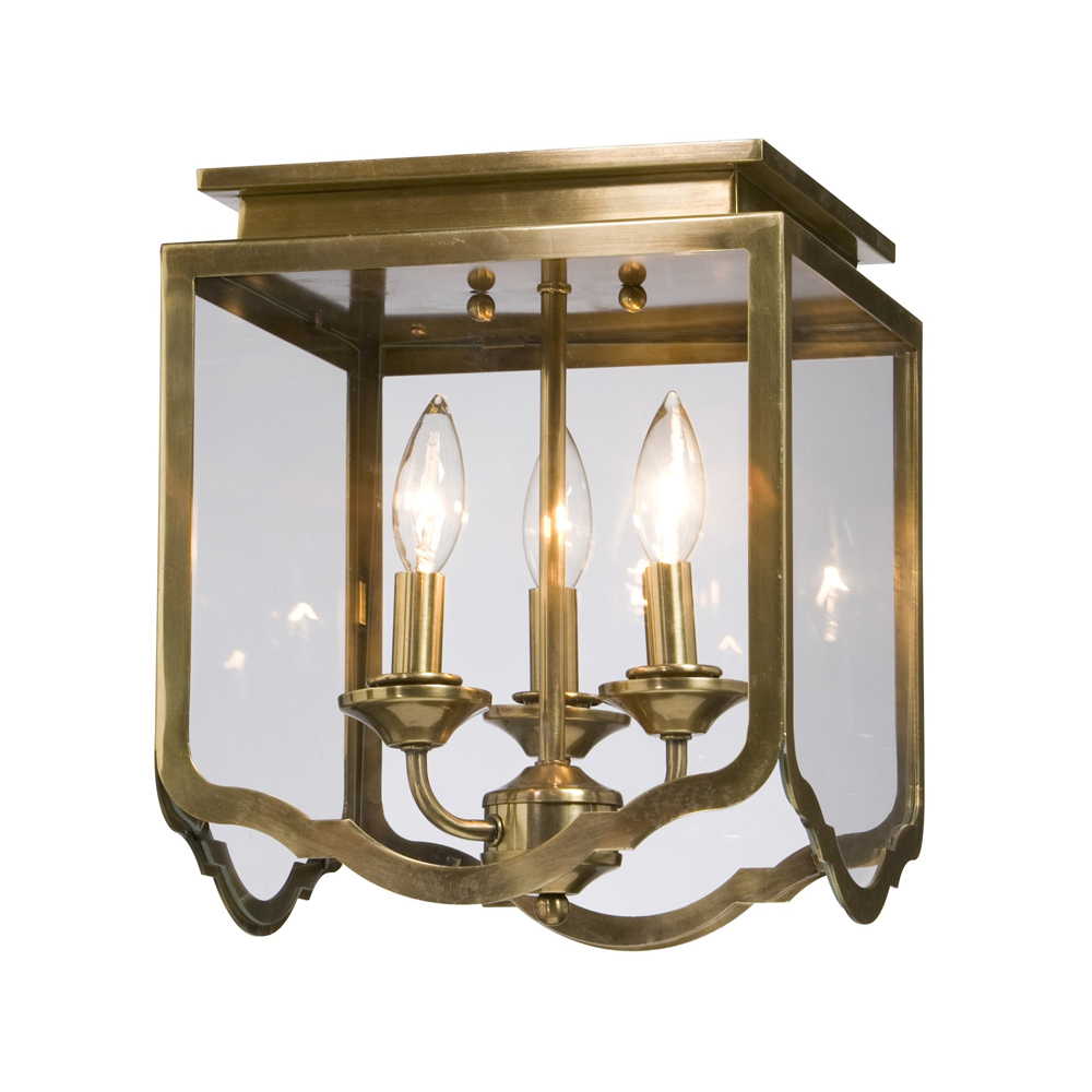 Three Light Antique Brass Bevelled Clear Glass Cage Flush Mount