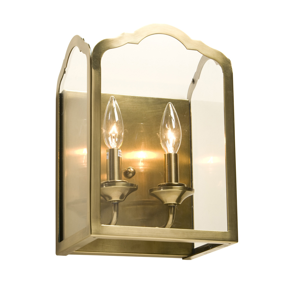 Two Light Antique Brass Bevelled Clear Glass Outdoor Wall Light