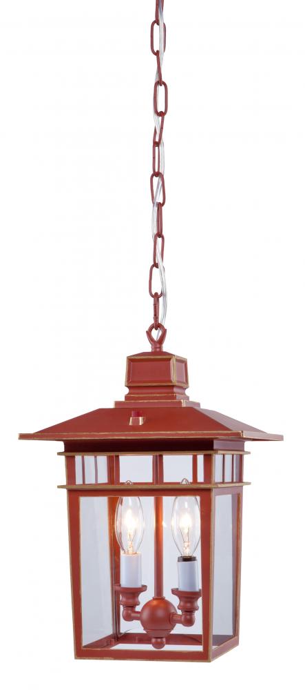 Two Light Dark Red With Gold Accents Hanging Lantern